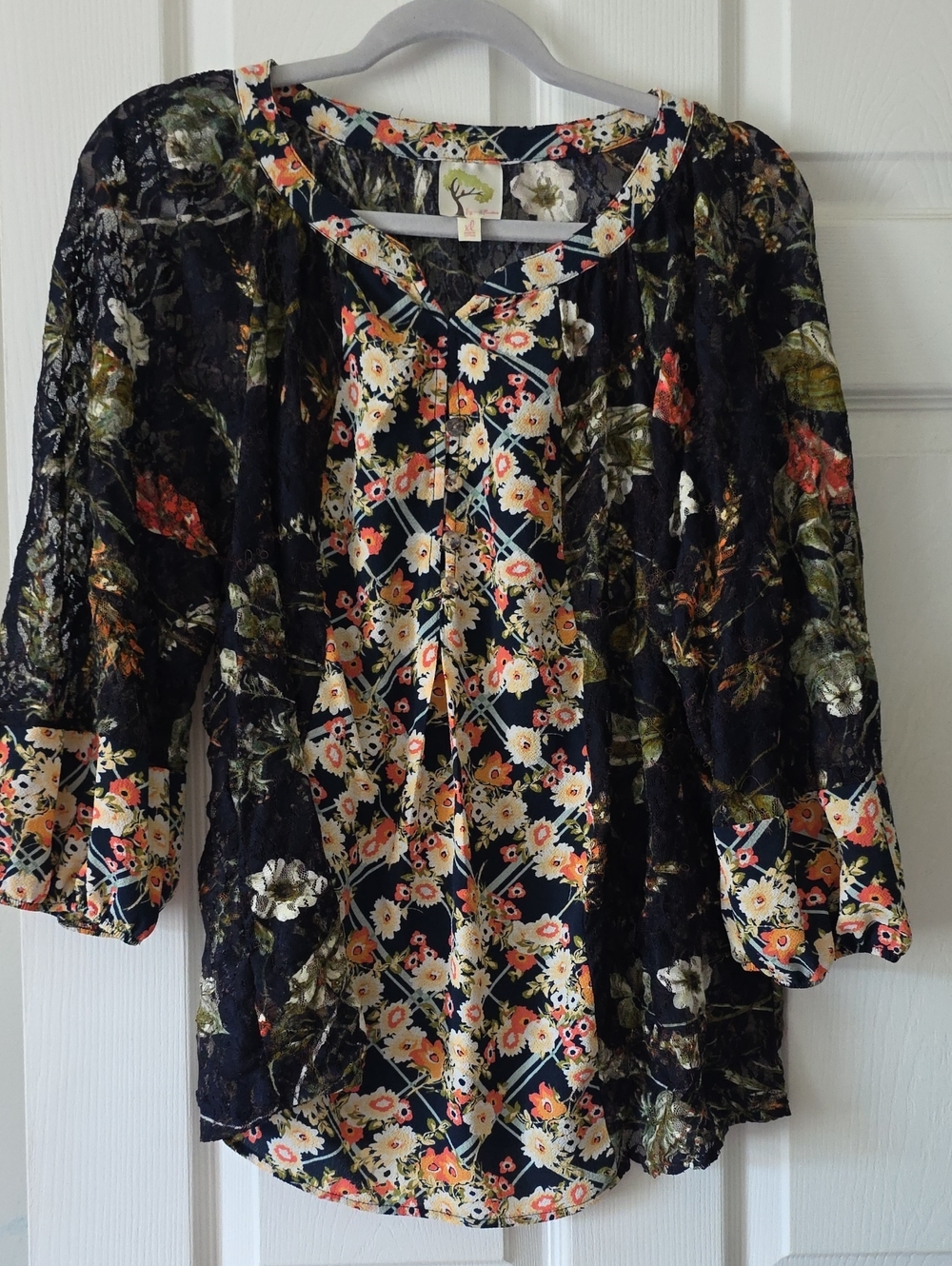 Women’s Long-Sleeve Floral Navy and Black Mixed-Print Dress